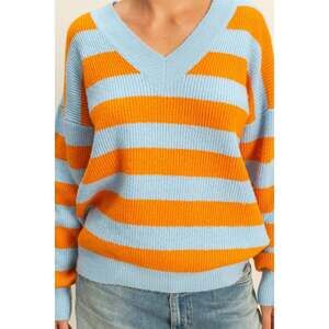 Oversized Sky Blue and Orange Striped V-Neck Sweater
